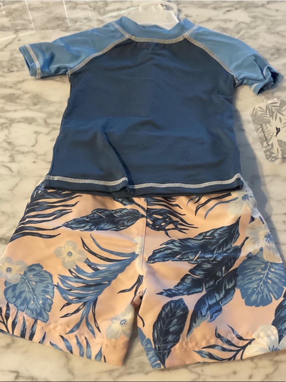 Blue Short Sleeve Rash Guard with Peach Floral Swim Trunks